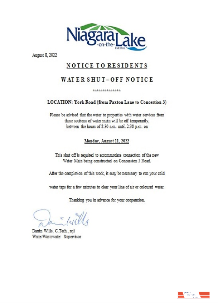 Canada Ontario The Niagara on the Lake water utility shut off notice
